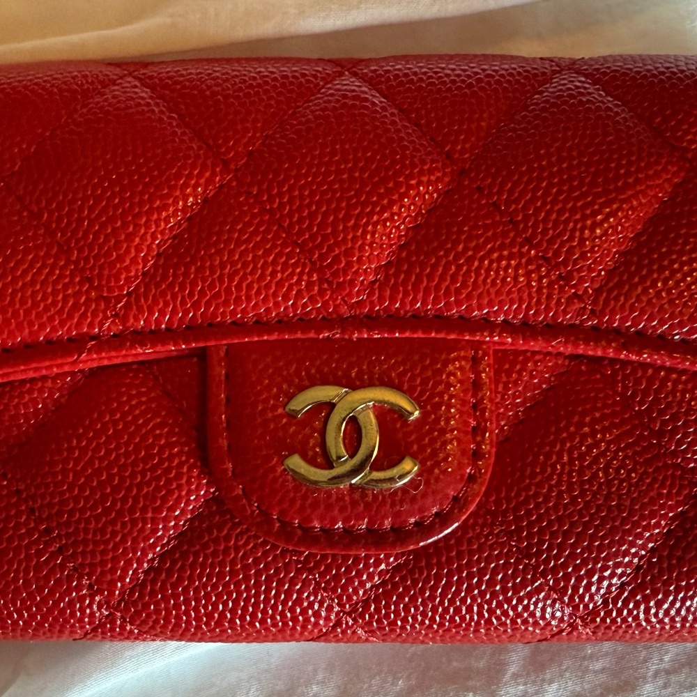 CHANEL Caviar Quilted Flap Card Holder Wallet Red